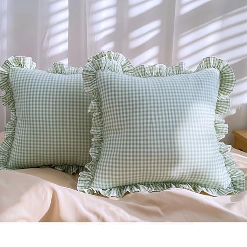 Sleepy Threads Checkered Cotton Cushion Cover 16x16 Inch | Soft Envelope Closure Sofa Cushion Covers with Frills for Living Room, Chair, Bedroom and Couch Decor, Cushion Covers Cotton (Sage Green)