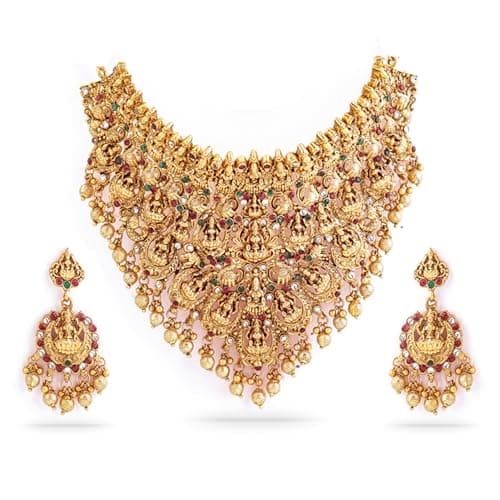 Rubans 22K Gold-Plated Red, Green & White Stone Lakshmi Motif Heavy Temple Jewellery Set for Women & Girls | Traditional Bridal Necklace Set | Brass Material