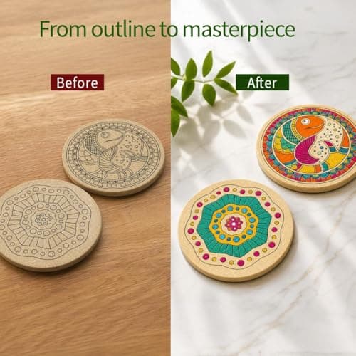 Mind Pilot Art & Craft Kit for Kids & Adults | 3-in-1 Indian Painting Kit | Mandala, Madhubani & Pichwai | 6 Pre-Marked Wooden Coasters | 12 Colours | DIY Gift Set | Ages 8+ 5