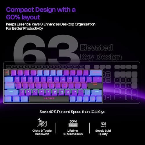 Archer Tech Lab Wired Mechanical Gaming Keyboard| 60% Compact, 63 Keys+ 26 Anti-Ghosting, Blue Switches Tactile Feedback, 17 RGB Effects, 50 Million Clicks for Laptop Mac PS4 PS5 Xbox (Astra M400) 3