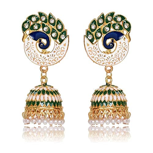 Nilu's Collection Party & Wedding Collection Peacock Shape Jhumka Earrings for Women and Girls (Beige & Red) (Green)