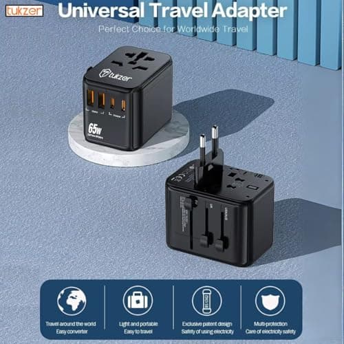 Tukzer 65W Universal Travel Adapter, GaN Fast Charging Adapter with 2 Type C & 1 USB Ports, Universal Plug Socket, All in One International Travel Adapter for Laptop/MacBook & Mobile Charging- Black 2