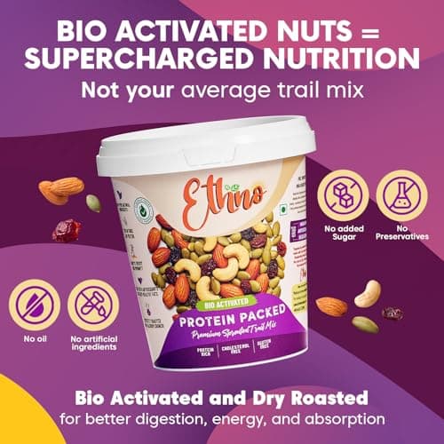 Ethno Protein Packed Bio-Activated Trail Mix (14-Pack) - Roasted Almonds, Cashews, Raisins, Pumpkin Seeds - Sprouted Nuts & Seeds + Mixed Dry Fruit Combo Pack - No Added Sugar, Oil-Free, Healthy Snack 3