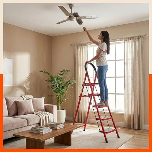 Bathla Everest 5-Step Steel Ladder with Safety Hand Grip | Anti-Skid Wide Steps (30L x 20W cm) | Lightweight, Foldable Ladder for Home & Office | 150Kg Load Capacity | 2 Year Warranty (Red) 3