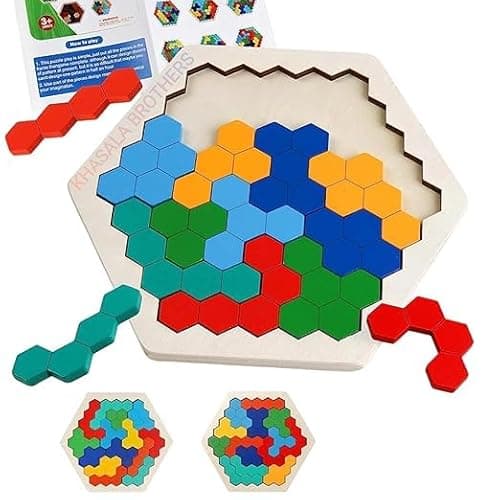 ToyTastic Wooden Hexagon Puzzle for Kid Adults - Shape Pattern Block Tangram Brain Teaser Toy Geometry Logic IQ Game STEM Montessori Educational Gift for All Ages Challenge (Brown B)