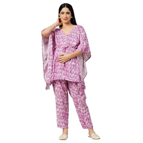 Aaheli Women’s Rayon Printed Maternity Co-ord Set | V-Neck Kaftan Top with Adjustable Waist & Easy Nursing Access | Soft Pregnancy Wear with Elastic Pants | Magenta, XXL