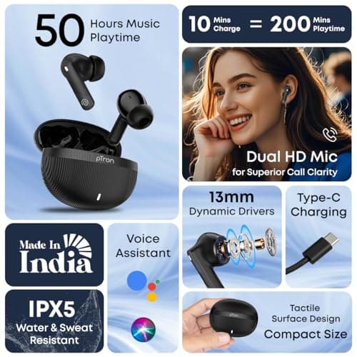 pTron Bassbuds Fury in-Ear TWS Earbuds with 13mm Drivers, 50Hrs Playtime, AI-ENC Clear Calls, Bluetooth V5.4 Wireless Headphones, Voice Assistant, Type C Charging & IPX5 Water Resistant (Black) 2
