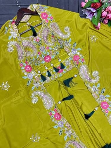 Fashion Since Women's Chinon Silk Embroidery Sequence Work Crop Top with Flared Sharara and Shrug Set Ethnic Salwar Set Pista Wedding 5