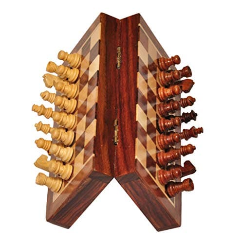 PALM ROYAL HANDICRAFTS Very Small Size Wooden Handmade Foldable Magnetic Chess Board Set with Magnetic Pieces and Extra Queens for Kids and Adults (7.5x7.5 Inches, Brown) 5