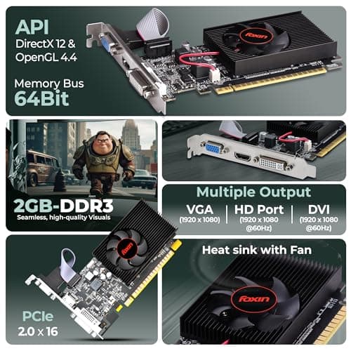 Foxin GT 610 Graphics Card 2GB DDR3 64-Bit | PCIe 2.0 Desktop GPU with HDMI DVI VGA Output | Heatsink Cooling Fan | High Efficiency Gaming Graphics Card (Black) 2