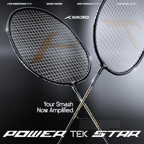 Hundred Powertek Star (2 Strung Rackets with 1 Full Cover) with 2pc Nylon Badminton Shuttlecocks (Black) 2