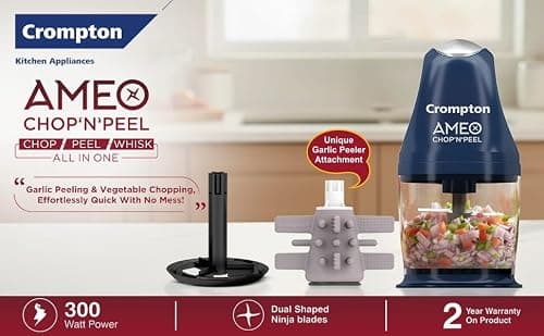 Crompton Ameo Chop'N'Peel Vegetable Chopper - 300W Motor | Twin S Shaped Ninja Food Grade Blades | 800ml See Through Food Grade Bowl | Garlic Peeler | Whisking Attachment | Easy Clean & Store 4