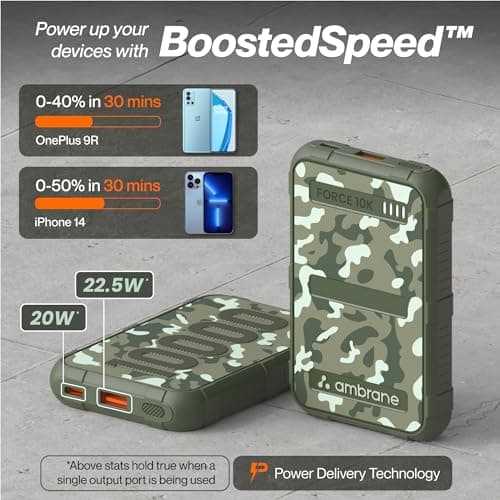 Ambrane 10000mAh Power Bank, Rugged & Slim, 22.5W Fast Charging, Compact & Travel-Friendly, USB & Type-C Output, PD & QC, Compatible with iPhone, Samsung, Oneplus & All Android (Force 10K, Orange) 3