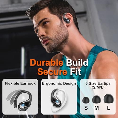 Ltinist Wireless Earbud, Bluetooth 5.3 Headphones Pure Bass Sound with Earhooks, 60H Battery Over Ear Headphones with Dual-LED Display, IP7 Waterproof Earphones Built-in Microphone for Running Sports 5