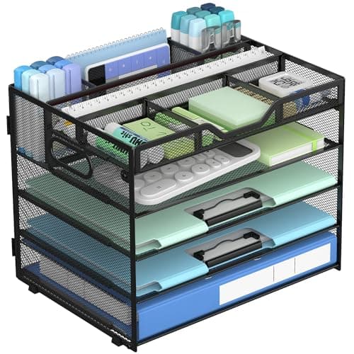 DocNest 5 Tier Mesh Desk Organizer- Letter Tray with Adjustable Compartments, Built in Pen Holder and Handles, Stackable Paper Organizer for Paper Mail Documents Office Supplies-Black