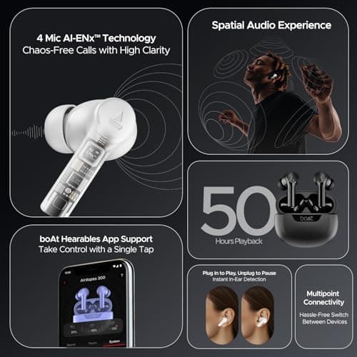 Boat Airdopes 300, Cinematic Spatial Audio, 50HRS Battery, 4Mic AI ENx, Fast Charge, App Support, Low Latency, IPX4, v5.3 Bluetooth Earbuds, TWS Ear Buds Wireless Earphones with mic (Gunmetal Black) 3
