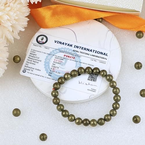 Certified Pyrite Bracelet for Men & Women, 8 mm Round Beads, Natural Pyrite Stone for Wealth, Confidence & Positive Energy, Reiki Charged Stretchable Jewellery 5