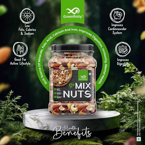 GreenFinity Healthy Nutmix 500 Gram | Jar Pack | Dried Almonds, Black Raisins, Cashewnuts, Cranberries, Green Raisins, Walnut Kernels & Many More 3