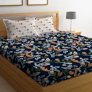 LOOMLYFE 300 TC Cotton Feel Glace Cotton Elastic Fitted Printed King Size Double Bed Bedsheet with 2 Pillow Covers Fits Upto 8 inches Mattress, Size- 72X78 Inches, NavyBlueLily