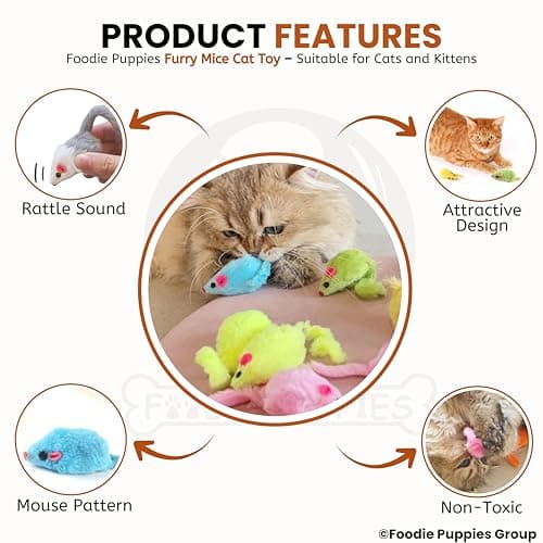 Foodie Puppies Interactive Cat Toy - (Furry Mouse, Pack of 10) | Durable Plush Toy with Soft Feather Tail for Cats and Kittens | Ideal for Bitting, Chasing Playing, Exercise & Hunting 3
