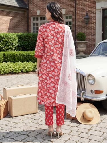 INDO ERA Women's Multi Pure Cotton Abstract Printed Flared Fusion Kurta & Pant Set 3