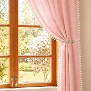 HOMEMONDE Sheer Curtains 5 Feet Long Set of 2 - Both Sides Pompom Solid Window Curtain, Transparent and Light Filtering, Hang with Rod Pocket - (60 Inch, Peach)