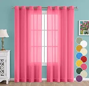 THE LINEN COMPANY Cotton Linen Solid Window Curtain Set with Steel Eyelet Rings- 4 Feet (Pink, Set of 2)