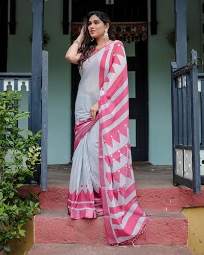 Kaugalian store Linen Cotton Geometric Printed White & Pink Saree For Women With Unstitched Blouse Piece 5