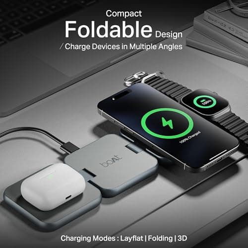 Boat FlexCharge 360 3-in-1 15W Wireless Charger, Foldable, Magnetic Magsafe & Multi-Angle Charging; LED Indicator & Anti-Slip Finish for Apple iPhone 16|15|14, Apple Watch & AirPods (Slate Grey) 5
