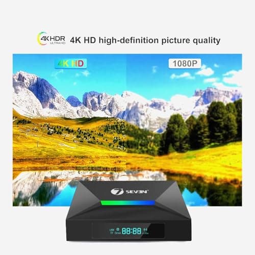 7SEVEN® 4K Android TV Box Amlogic S905W2 Quad-Core CPU 4GB 32GB 2.4G/5G WiFi Bluetooth 5.0v Android 12 OS with OTA Upgrade Support 4K at 30fps, Optical Input for 5.1 Speaker, External Storage Device 4