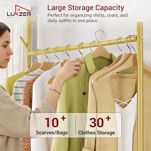 Lukzer | MGR-003 | Gold | Metal Clothes Hanging Stand with Wheels, Bottom Shelf & Single Rod – Stylish Garment Rack & Cloth Organizer for Entryway, Dressing Room & More | 173 x 110 x 35 cm 4