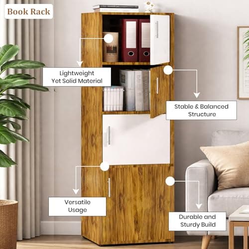 Callas Wooden Book Rack | Multi-Compartment Storage Cabinet | Space-Saving Vertical Bookshelf with Doors | Durable & Sturdy Organizer for Home & Office (Walnut, 4 Tier) 3