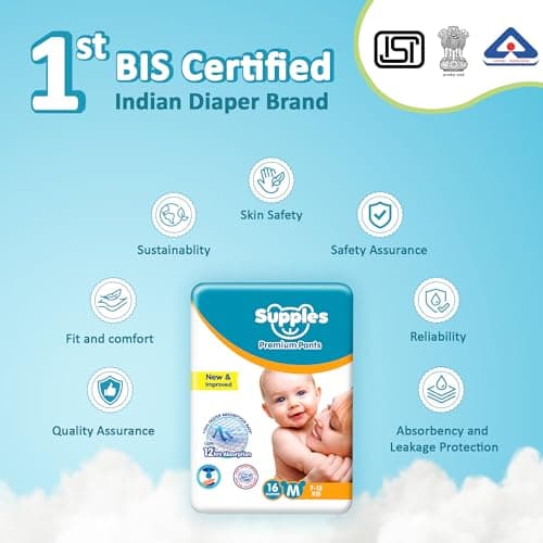 Amazon Brand - Supples Premium Baby Diaper Pants | 16 Baby Diapers | Medium | 7-12 Kg | 12 Hrs Absorption | Cushiony Cotton Soft Fabric | Phthalates-Free | Triple Leak Guard 5