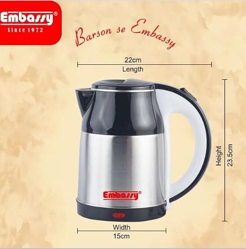 EMBASSY Electric Multipurpose Kettle Stainless Steel 1.5 L |Used for boiling Water and milk, Noodles, Soup etc.| 1000W | Auto Shut-Off | 360° Rotating Base | 2 YEAR WARRANTY 2