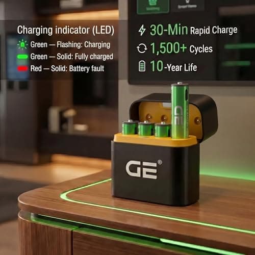 GE® AAA Rechargeable Batteries (Lithium 1.5V - 600 mWh) - New Launch in 2026 | Fast Charge Mode (Direct USB‑C + Wireless) | Pack of 4 Batteries | 10 Years of Life and 1,500+ recharges 3
