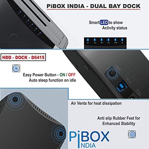 PiBOX India, Dual Bay USB 3.0 to SATA I, II, III Hard Drive Docking Station Upto 12TB for 2.5 or 3.5in HDD, SSD with Hard Drive Duplicator Offline Clone and Auto Sleep and UASP - Top-Loading Design 5