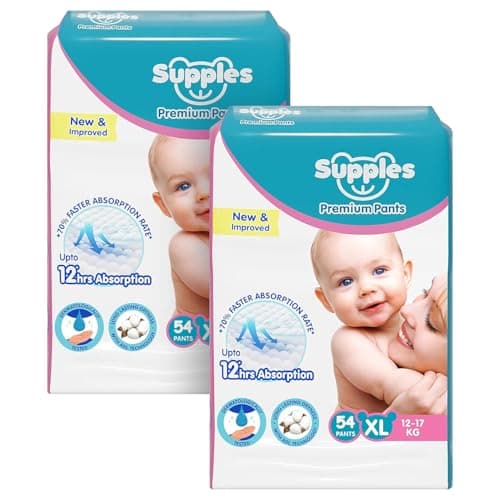 Amazon Brand - Supples Premium Baby Diaper Pants | 108 Baby Diapers | XL | 12-17 Kg | 12 Hrs Absorption | Cushiony Cotton Soft Fabric | Phthalates-Free | Triple Leak Guard | 54 Count, Pack of 2