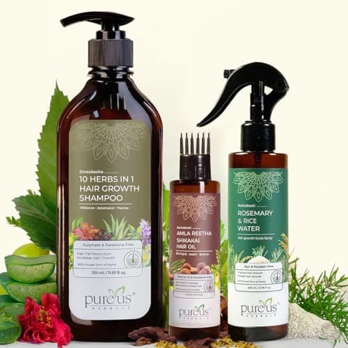 Pureus Herbals 10 Herbs in 1 Shampoo + Amla Reetha Shikakai Hair Oil + Rosemary Rice Water Spray - Hair Fall Control Kit | Sulphate & Paraben Free (660 ml)