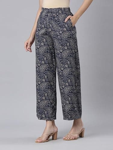 Go Colors Soft Viscose Printed Palazzo Full Length for Women| Breathable, Mid Rise, Beige_LPZ7_Blue_S 2