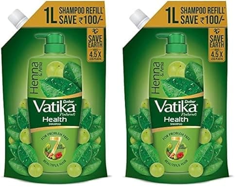 Dabur Vatika Health Shampoo - 1L (Refill Pouch) | With 7 natural ingredients | For Smooth, Shiny & Nourished Hair | Repairs Hair damage, Controls Frizz | For All Hair Types | Goodness of Henna & Amla