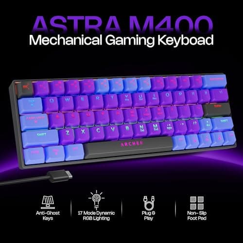 Archer Tech Lab Wired Mechanical Gaming Keyboard| 60% Compact, 63 Keys+ 26 Anti-Ghosting, Blue Switches Tactile Feedback, 17 RGB Effects, 50 Million Clicks for Laptop Mac PS4 PS5 Xbox (Astra M400) 2