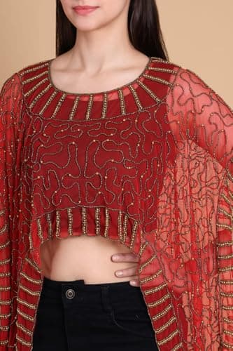 Women's Red Sheer Net Embellished Cape Top/Poncho Shrug | Ethnic Blouse Overlay for Lehengas Sarees Dresses. 2