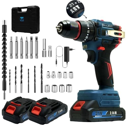 THOR 21V Cordless Impact Drill Kit | 2x 2.0Ah Batteries, Fast Charger, Metal Chuck, LED Light | Variable Speed, 31 Accessories, BMC Box | Compact Professional Home DIY Drilling
