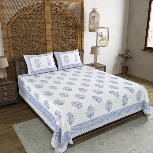 BLOCKS OF INDIA Hand Block Printed 200 TC Cotton King Size Bedsheet (Blue Pot) 3