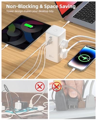 Hoteon Tower Extension Board, 2500W/10A Extension Cord with GaN Technology, 70W USB C Power Strip with 4 Universal Sockets, 2*70W PD&1*30W QC Fast Charging, 2M Surge Protection Board for Home, Office 5