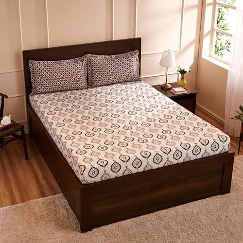 Amazon Brand - Solimo Damask Dreams 144 TC 100% Cotton Double Bedsheet with 2 Pillow Covers, Brown, 144 TC