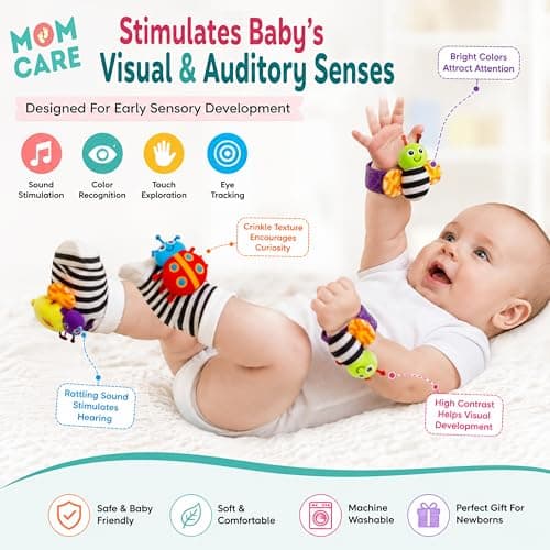MOM CARE Wrist Rattle & Foot Finder Socks for Newborn Babies 0-12 Months | Soft Sensory Development Toy Set for Infants | Black White High Contrast Baby Toys | 4 Pcs- 1 Set 2