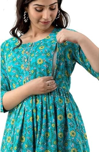 MAHALA FASHION Women's Cotton Printed Maternity Kurti for Feeding Zippers Pregnancy Wear Nursing Dress (Sky Blue, Small)
