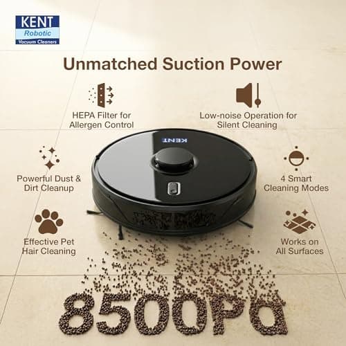 KENT RoboKlean R1 Black 2-in-1 AI Robotic Vacuum Cleaner & Mop, 8500Pa Suction, 5200mAh Battery, 3D Mapping, Laser Navigation, Wet & Dry Cleaning, 260 Minutes Run-Time, Floor & Carpet, Anti Fall 5