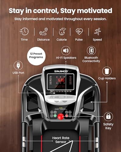 Sparnod Fitness STH-1200MF Multifunction Foldable Treadmill for Home Use, 4 HP Peak DC Motor, Built-in Massager, 12 Preset Programs, LED Display, 12 km/h Speed, Manual Incline, 110 kg User Capacity 4